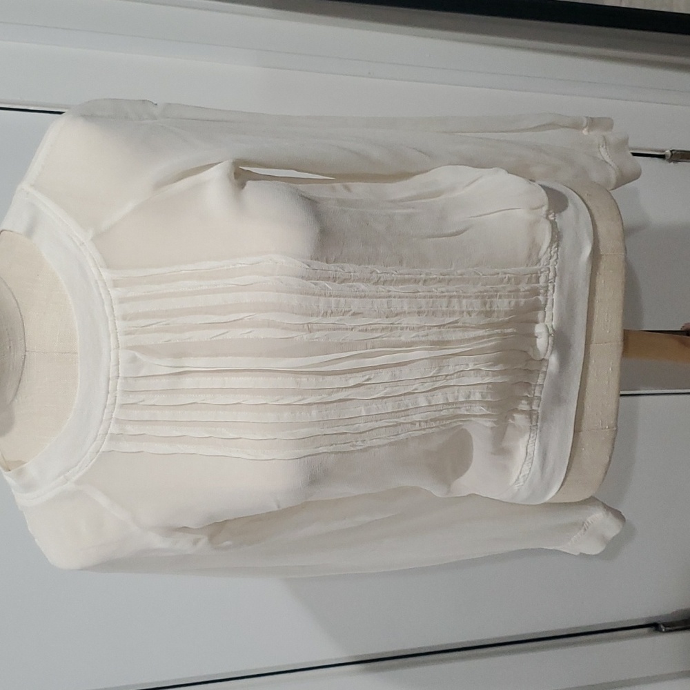 Anthropologie Sheer Pleated Blouse – Ivory Crewneck, X-Small, Layering Essential